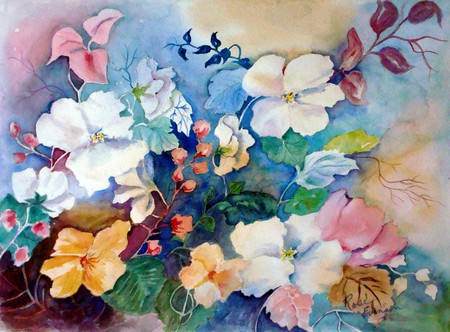 Pastel Beauties - peetunias, flowers, white, watercolour, art, pink, peach