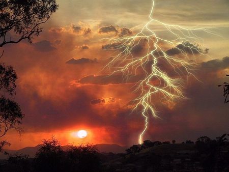 Golden Lighting Storm - nature, force of nature, lighting, night, sunset, storm