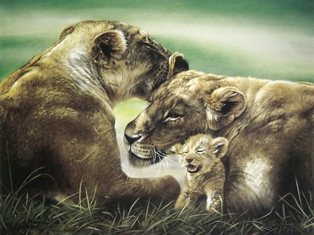 African Lioness With Cub - lionness, cub, painting, african