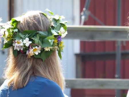 Midsummer - flowers, wreath, woman, midsummer, hair