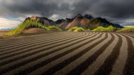 raked black beach - beach, overcast, mounds, gravel, black, raked