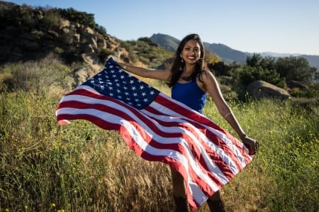 Happy 4th - usa flag, brunette, model, outdoors