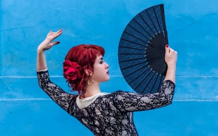 Girl with fan - hand, redhead, blue, woman, model, girl, fan