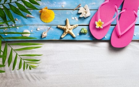 Happy summer! - seashell, summer, blue, slippers, pink, shell, starfish, white, green, card