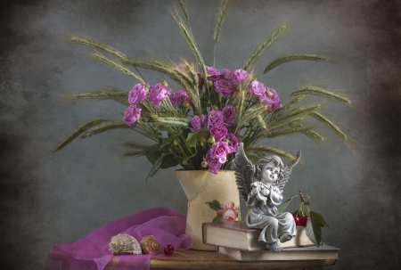 Still life - seashell, angel, figurine, summer, cherry, book, still life, fruit, vase, grey, pink, green, flower