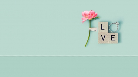 Love - ring, flower, pink, love, jewel, blue, white, card, valentine, word