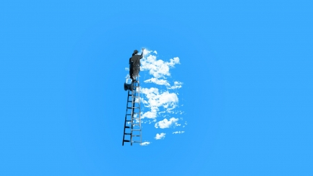 The painter of clouds - painter, minimalism, white, blue, funny, cloud, situation, vector