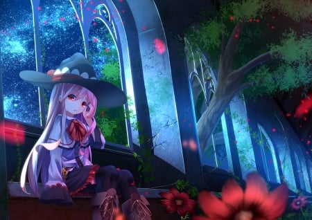 Waiting - red, flower, anime, girl, blue, manga, witch, petals, hat, kagayan1096