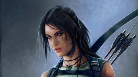 Lara Croft - game, tomb rider, archer, girl, arrow, fantasy, woman, lara croft, rain