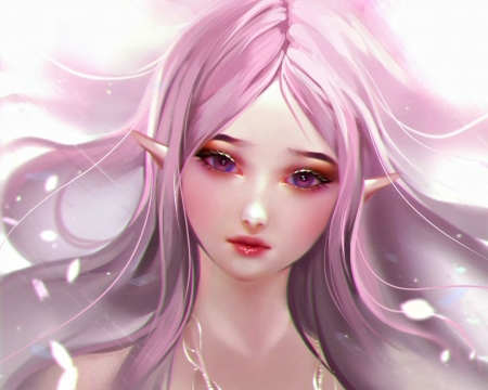 Blossom elf - portrait, pink, girl, numyumy, blossom elf, white, fantasy, petals, amethyst eyes, luminos, woman