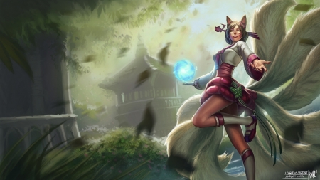 Ahri - game, league of legends, blue, ball, fox, girl, magical, ahri, fantasy, red, nine tails