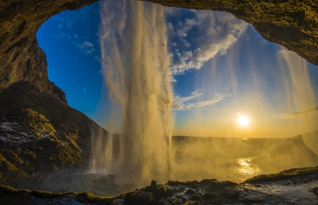 Waterfall - cave, sunset, water, nature, Waterfall, sky