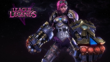 Vi - game, league of legends, gun, girl, pink, robot, black, fantasy, vi