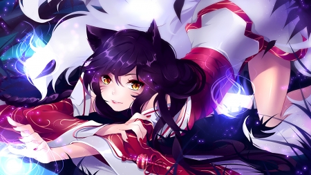 Ahri - game, anime, league of legends, blue, fox, girl, pink, ahri, manga, fantasy, purple, nine tails