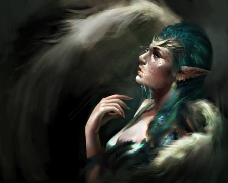 Spirit of the woods - spirit of the woods, blue, girl, feather, tail, cat, fur, black, white, peacock, hand, emi chen, green, woman, art, luminos