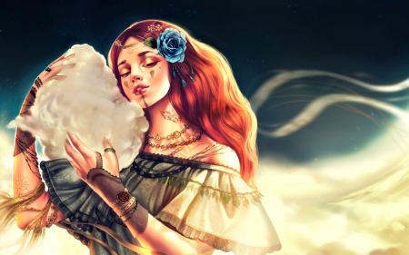 Open up the sky - seashell, summer, blue, girl, fantasy, redhead, emi chen, woman, rose, art