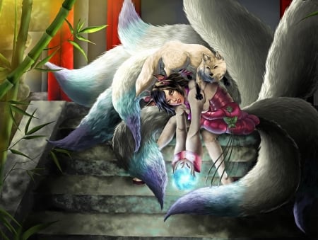 Ahri - girl, white, fox, game, red, blue, league of legends, green, nine tails, ahri