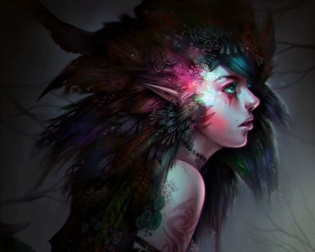 Madness - tattoo, profile, girl, feather, pink, dark, elf, fantasy, emi chen, green, face, art, madness