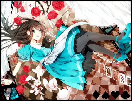 Alice - girl, chain, bunny, rose, white, alice, wonderland, blue, card, anime, haku, flower, manga