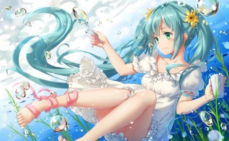 Hatsune Miku - anime, vocaloid, summer, blue, watter, girl, hatsune miku, manga, white, pollia