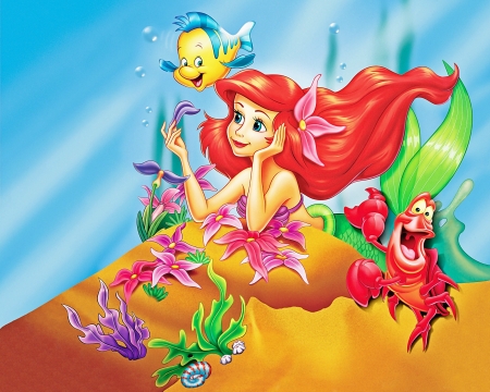 The Little Mermaid (1989) - ariel, princess, redhead, movie, water, colorful, animation, crab, starfish, orange, girl, mermaid, pink, blue, fish, disney, the little mermaid