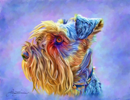 Dog - blue, jane fiala, dog, orange, pictura, animal, painting, caine, art