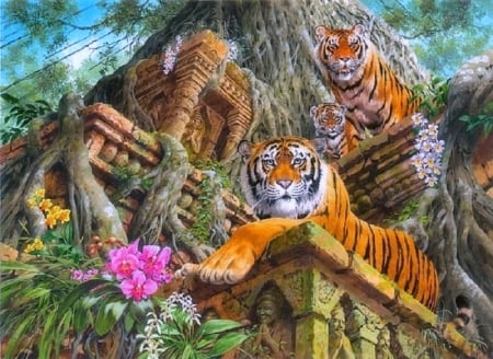 Temple Tigers - paintings, colors, family, big wild cats, temple, tigers, love four seasons, draw and paint, animals