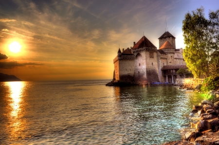 Chateau at Sunset - nature, ocean, sunset, chateau