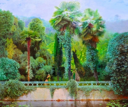 Exotic Garden - trees, palms, waterlilies, pond, wall