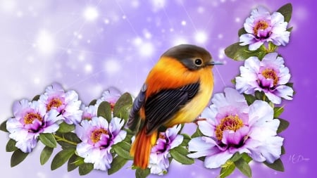 Buds and Bird - bright, bokeh, floral, summer, flowers, lavender, spring, bird