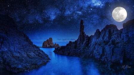 Imagination - moon, sky, lake, starlight, blue, mountains, sea, rocks