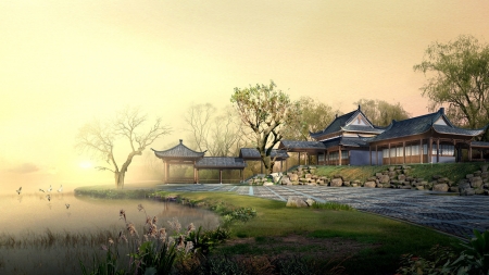 China Home - house, trees, birds, pond, Oriental, Firefox Persona theme, soft, Asian, pagoda