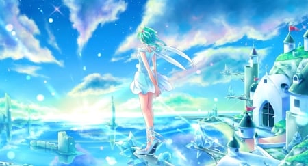 Gumi - sky, girl, sakakidani, cloud, castle, blue, green, anime, gumi, manga