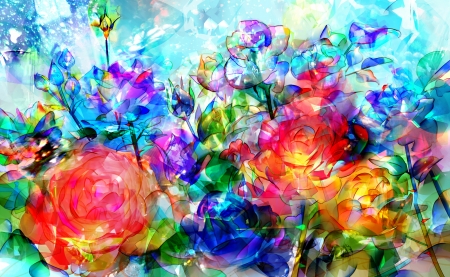 Flowers - anime, blue, flower, manga, pictura, purple, red, green, painting, rose, art, luminos