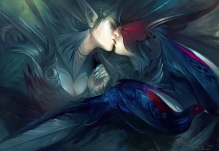 Lovers - feather, red, kiss, bird, elf, girl, blue, art, luminos, couple, guy, woman, boy, man