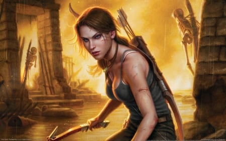 Lara Croft - game, tomb rider, girl, orange, black, fantasy, fire, woman, lara croft