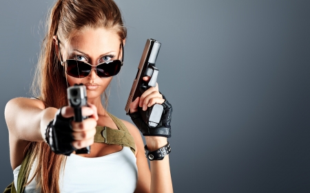 Lara Croft - game, tomb rider, gun, cosplay, girl, fantasy, white, hand, woman, lara croft, sunglasses