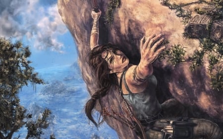 Lara Croft - tomb rider, climb, game, girl, art, fantasy, lara croft, hand, woman