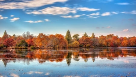 Autumn reflection on the lake - clouds, fall, trees, forest, sky