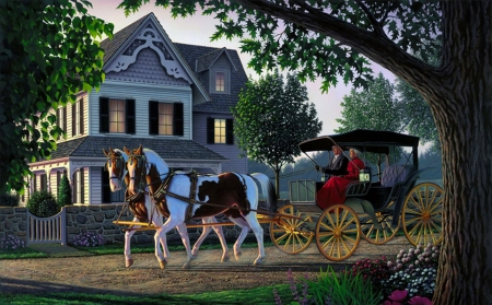 Home, sweet home! - carriage, house, beautiful, horse, sweet, home, family, chariot, countryside, painting, peaceful, art