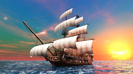 Pirate Ship - ship, sky, sunrise, fantasy, sea