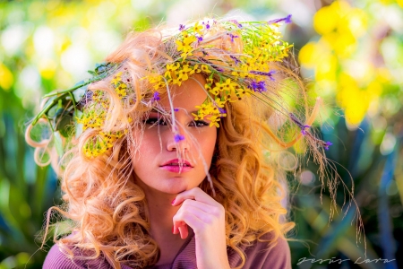 Marina Martos - hat, yellow, summer, girl, flower, pink, jesus lara, green, woman, model, face, Marina Martos