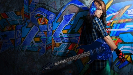 Singer - guitar, instrument, wall, blue, fantasy, tincek marincek, singer, graffiti, luminos, guy, man