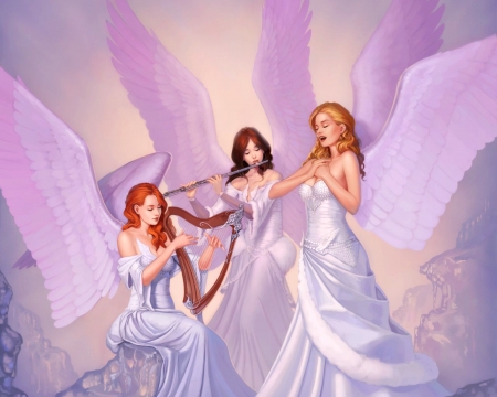 Angels - frieden, blue, dress, lilac, pink, music, luminos, singer, girl, gloomywhisper, beauty, frumusete, fantasy, white, instrument, wings, trio