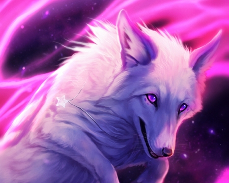 Star fox - amethyst eyes, fox, pink, lhuin, fantasy, white, luminos, sky, star child