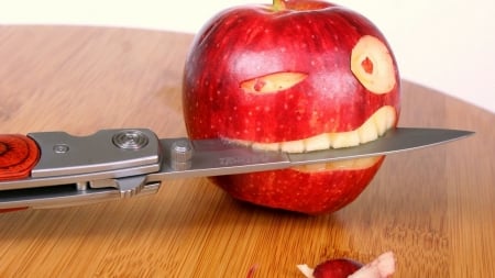 red apple gang - table, apple, face, knife