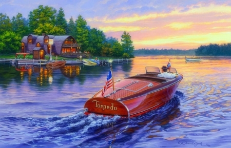 Torpedo with Boat - summer, attractions in dreams, paintings, colors, sunsets, boats, nature, cabins, lakes, love four seasons