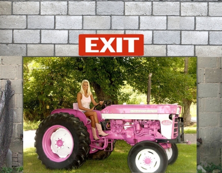 Her Pink Tractor.. - women, fun, female, hats, fashion, models, western, girls, cowgirl, style, outdoors, blondes, ranch, tractor, barn door