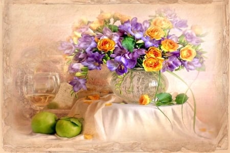 Still Life Flowers - glass, roses, flowers, lovely, wine, still life, apples, vase