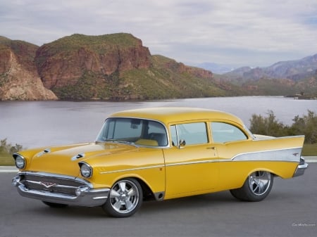 1957 Chevrolet Bel Air Project X - lake, street, chevrolet, project, water, mountains, 1957, auto, project x, bel air, car, custom, vintage, classic